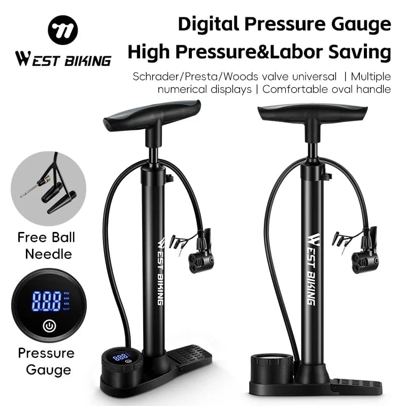 WEST BIKING 150PSI Pompa di Aria per Bici Pieghevole Digitale MTB Bici da Strada Palla Gonfiatore per Pneumatici Schrader Presta Valvole Pompa da Ciclismo