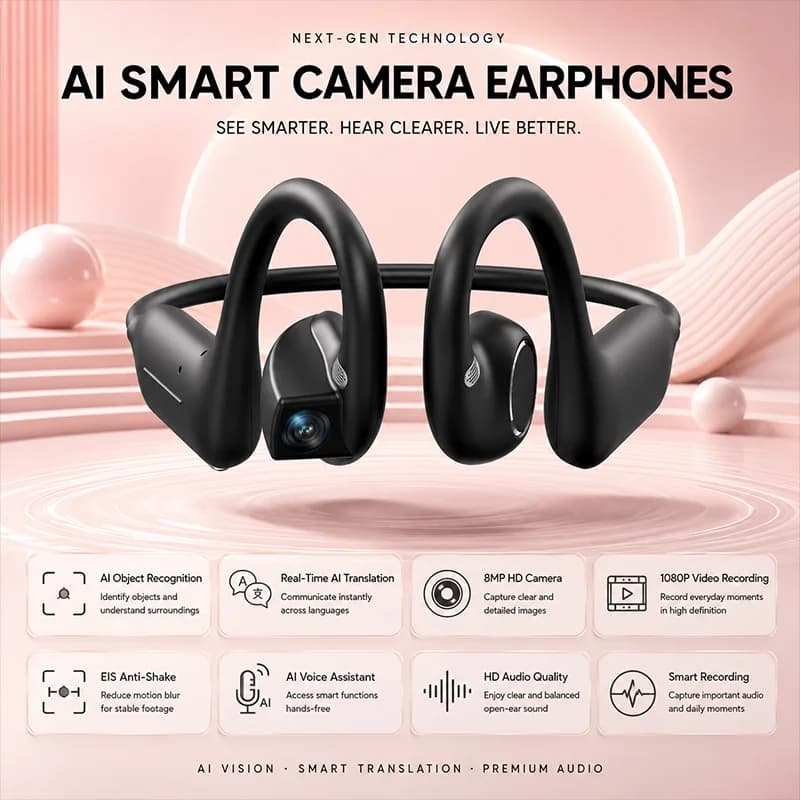 WIFI Transmission Smart Headset AI Voice Assistant 800W Camera HD Call Bluetooth 5.3 EIS Anti-shake 1080P Recording Smartheadset