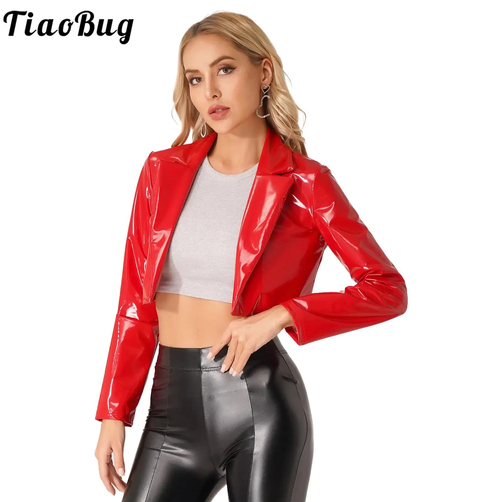 Giacca da donna in pelle lucida Blazer Wetlook con risvolti Giacca corta in pelle di lattice Manica lunga Cappotto corto Rave Party Clubwear