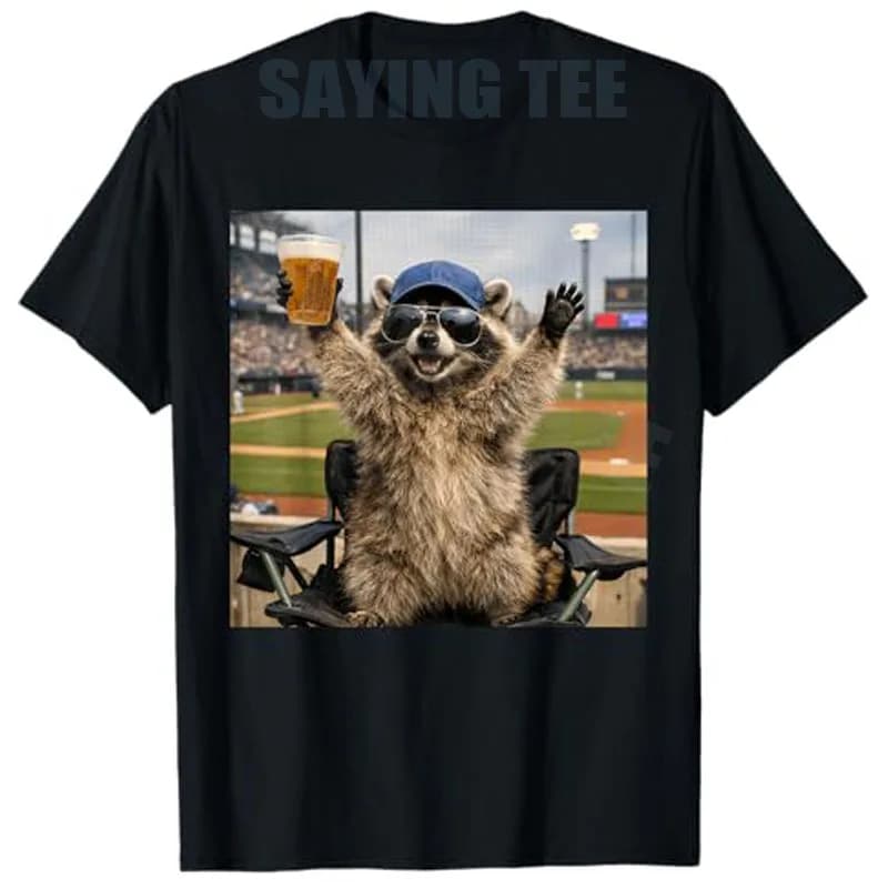 Divertente maglietta con procione che guarda una partita di baseball con birra, regalo originale, abbigliamento sportivo alla moda da donna, maglietta originale.