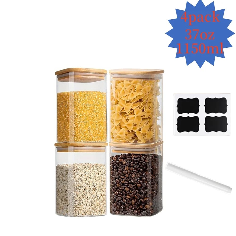 Barattolo quadrato in vetro da 37 once, contenitore per alimenti da cucina, contenitore per alimenti con coperchio, barattolo per caffè, barattolo per biscotti, include etichette impermeabili + penna bianca, set combinato da 2/4 confezioni di barattoli in vetro per la conservazione degli alimenti in cucina - Adatto per barattoli per spezie, condimenti, tè, caffè, caramelle, biscotti, cereali, organizzazione e conservazione in cucina