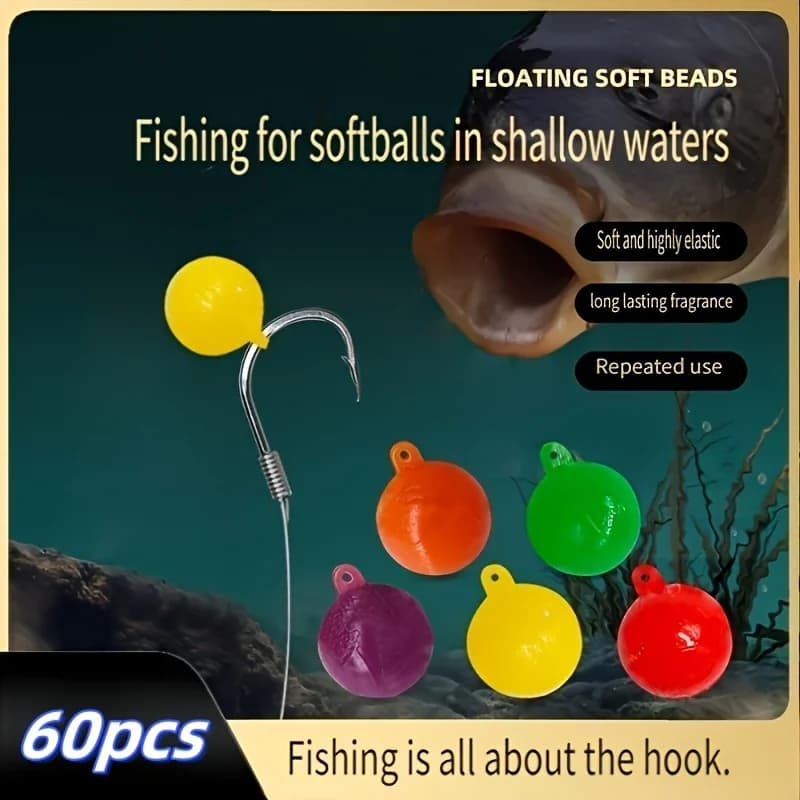 Confezione da 60 Piombi Morbidi Galleggianti per Pesca - Perline Elastiche TPE ad Alta Fragranza 8-14mm con Anello, Esche Riutilizzabili Senza Piombo per Acqua Dolce