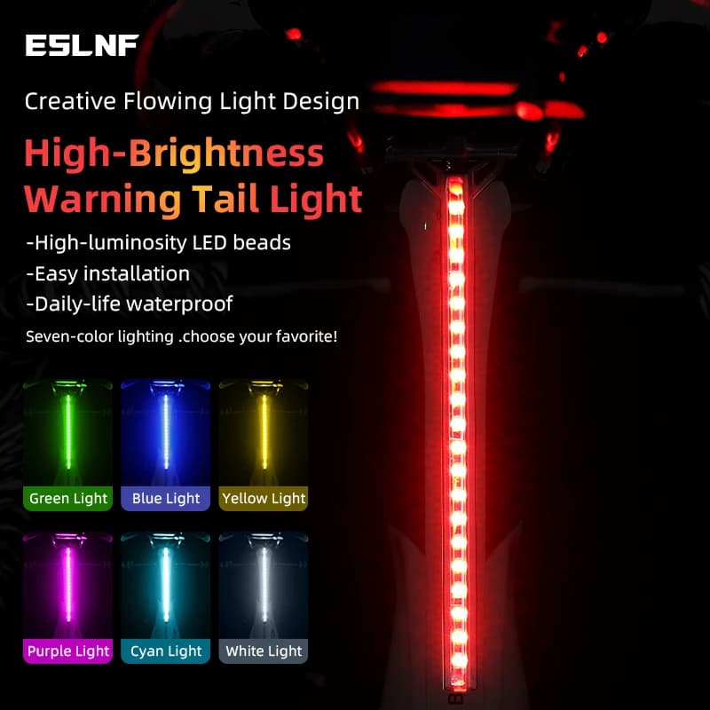 Fanale Posteriore Bici ESLNF RGB a Flusso Luminoso, 1200mAh Ricaricabile Type-C, Impermeabile IPX4, Luminoso per Bici da Strada e MTB, per la Guida Notturna