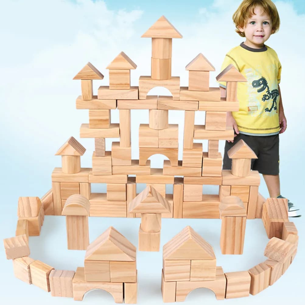 Set di 100 Cubi di Legno Naturale per Bambini, Blocchi Educativi per lo Sviluppo dell'Intelligenza e Costruzione di Castelli