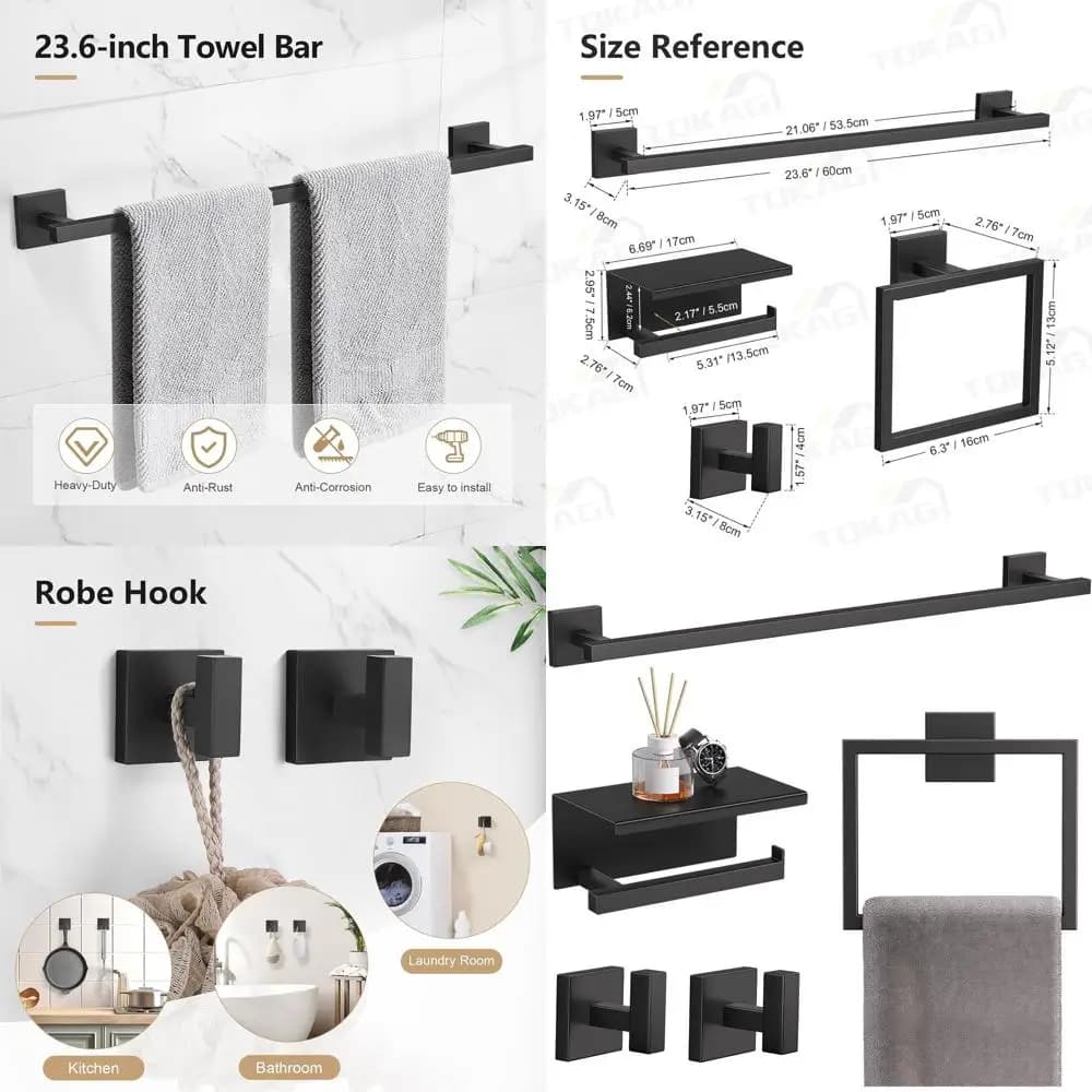 23.6 Set di accessori per il bagno nero premium in acciaio inossidabile: portasciugamani a parete, porta carta igienica e ripiano