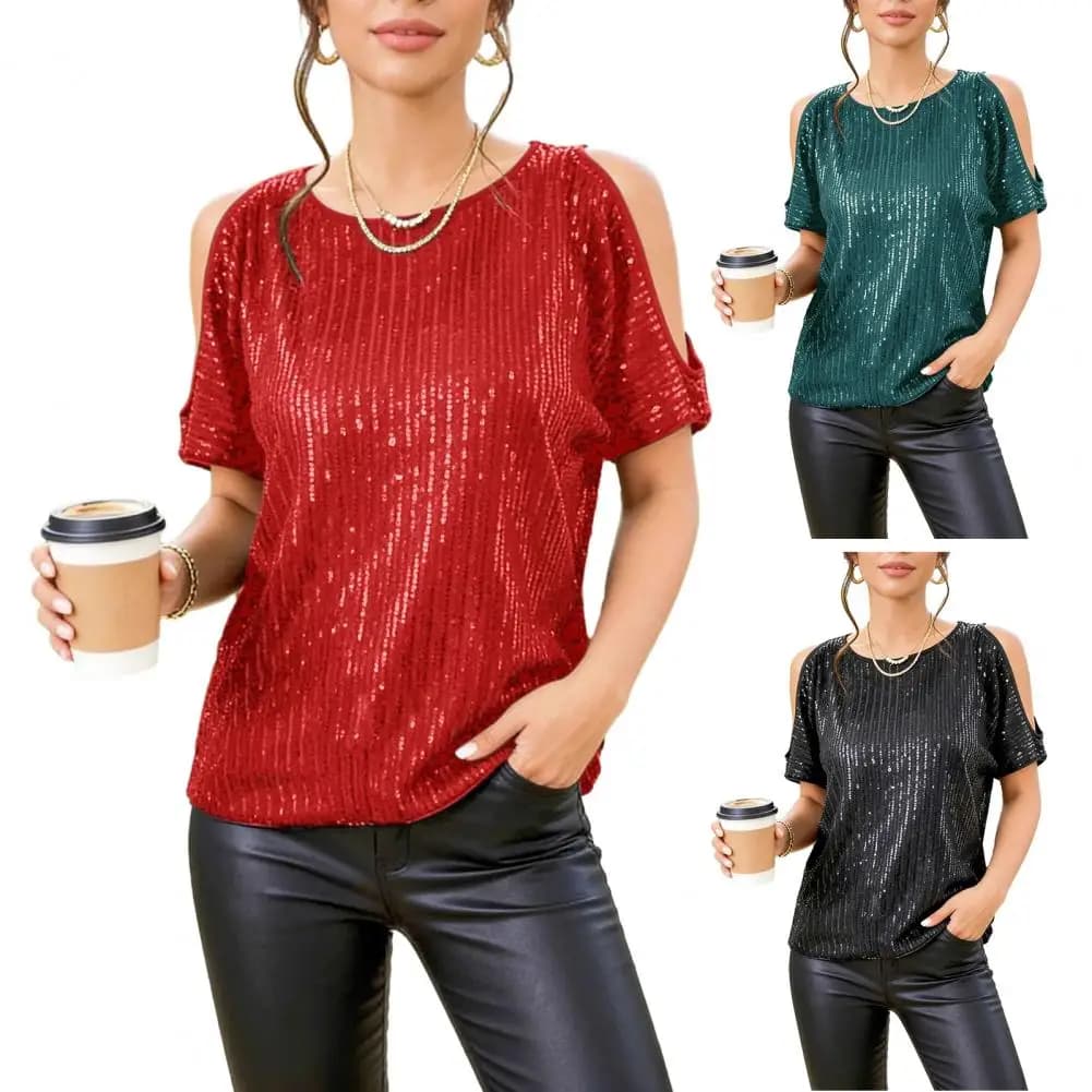 Top Donna con Paillettes, Maglietta Glitterata a Collo Tondo e Maniche Corte, T-shirt Estiva per Feste Disco, Maglietta Corta Scintillante e Comoda per Donne