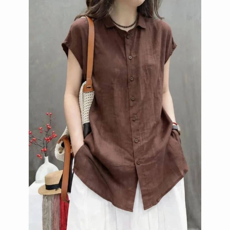 Office Lady Short Sleeve Solid Button Simplicity Blouse Women Clothing Summer Polo Neck Loose Vintage Shirt Tops Casual Fashion