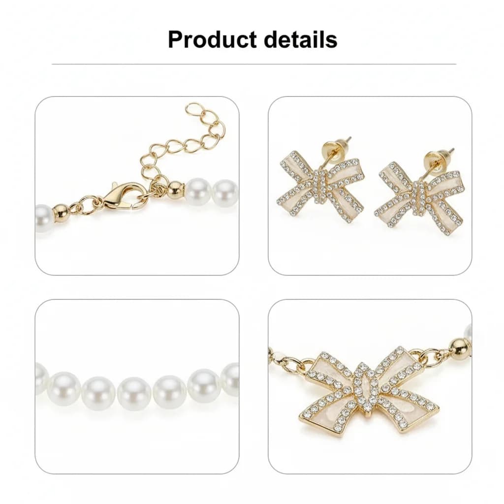Set di collana e orecchini di perle con design a fiocco per donna, ideale per matrimoni, feste e uso quotidiano.