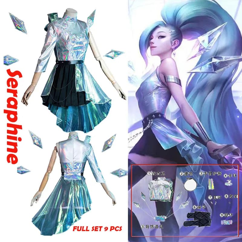 Costume Cosplay Anime Game LOL Seraphine KDA - Abito Laser Skin e Parrucca Sexy con Accessori per Donna - Perfetto per Feste e Giochi di Ruolo