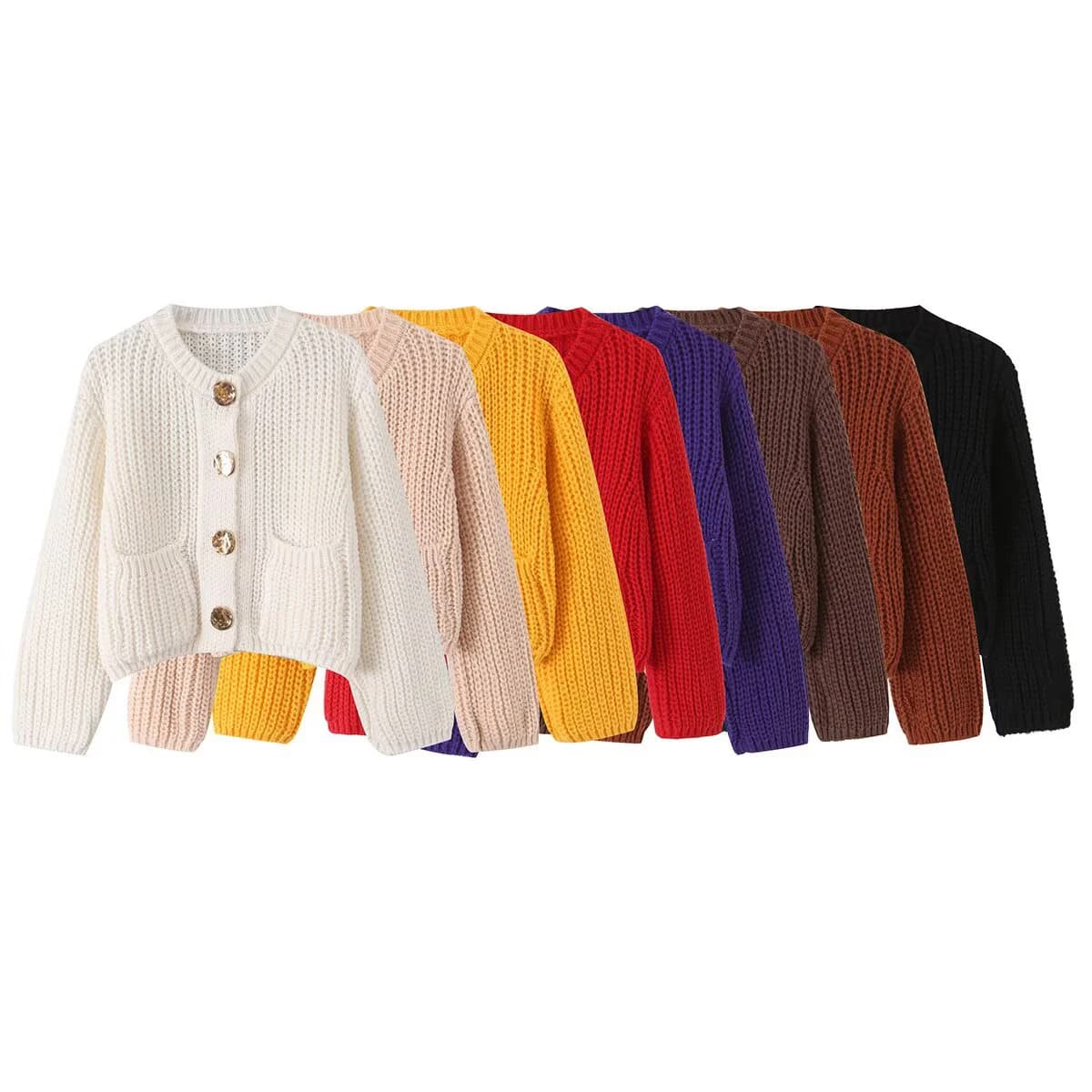 Women's new summer fashion personalized metal button decoration round neck long sleeved thick needle cardigan