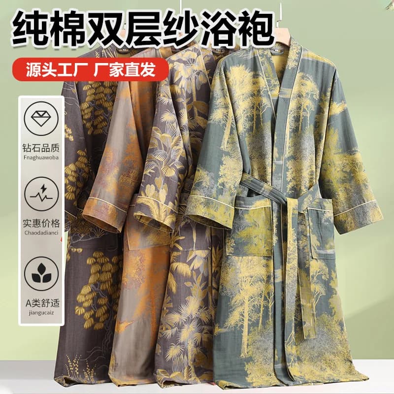 Nuovo puro cotone doppio strato filato accappatoio kimono di cotone a maniche lunghe coppia pigiama abbigliamento per la casa assorbente Yukata