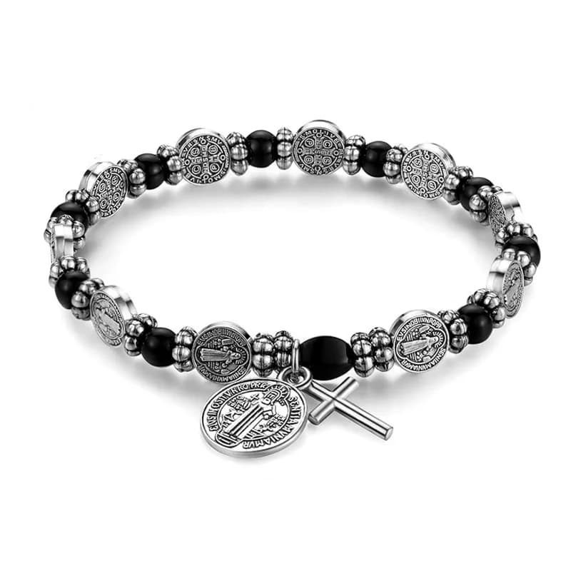 Braccialetti incrociati con medaglia cattolica vintage San Benito per uomo donna rosario elastico perline catena Pulseras Hombre