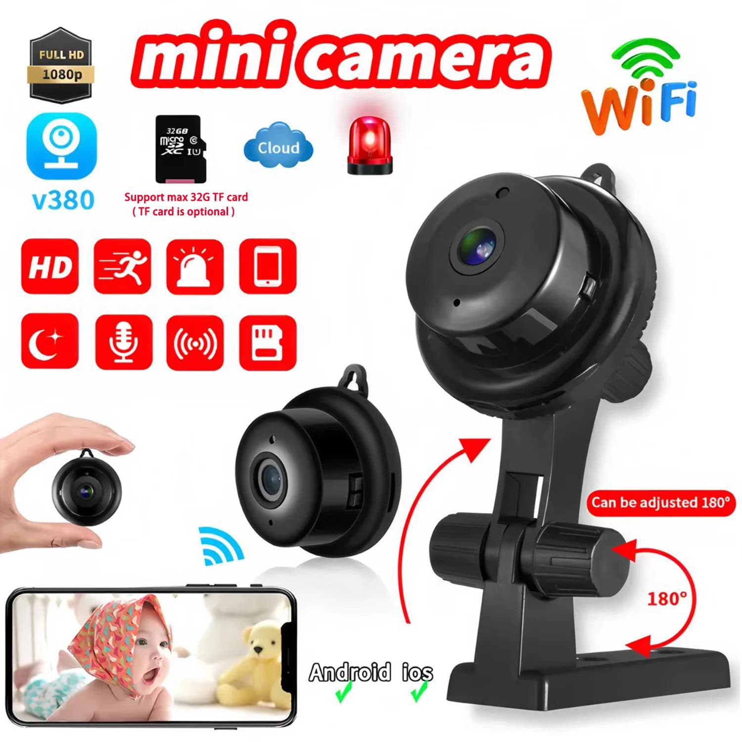 Videocamera di sorveglianza Mini telecamera HD 1080P Sicurezza domestica Telecamera IP WiFi Baby Monitor Telecamera Visione notturna Audio bidirezionale Movimento