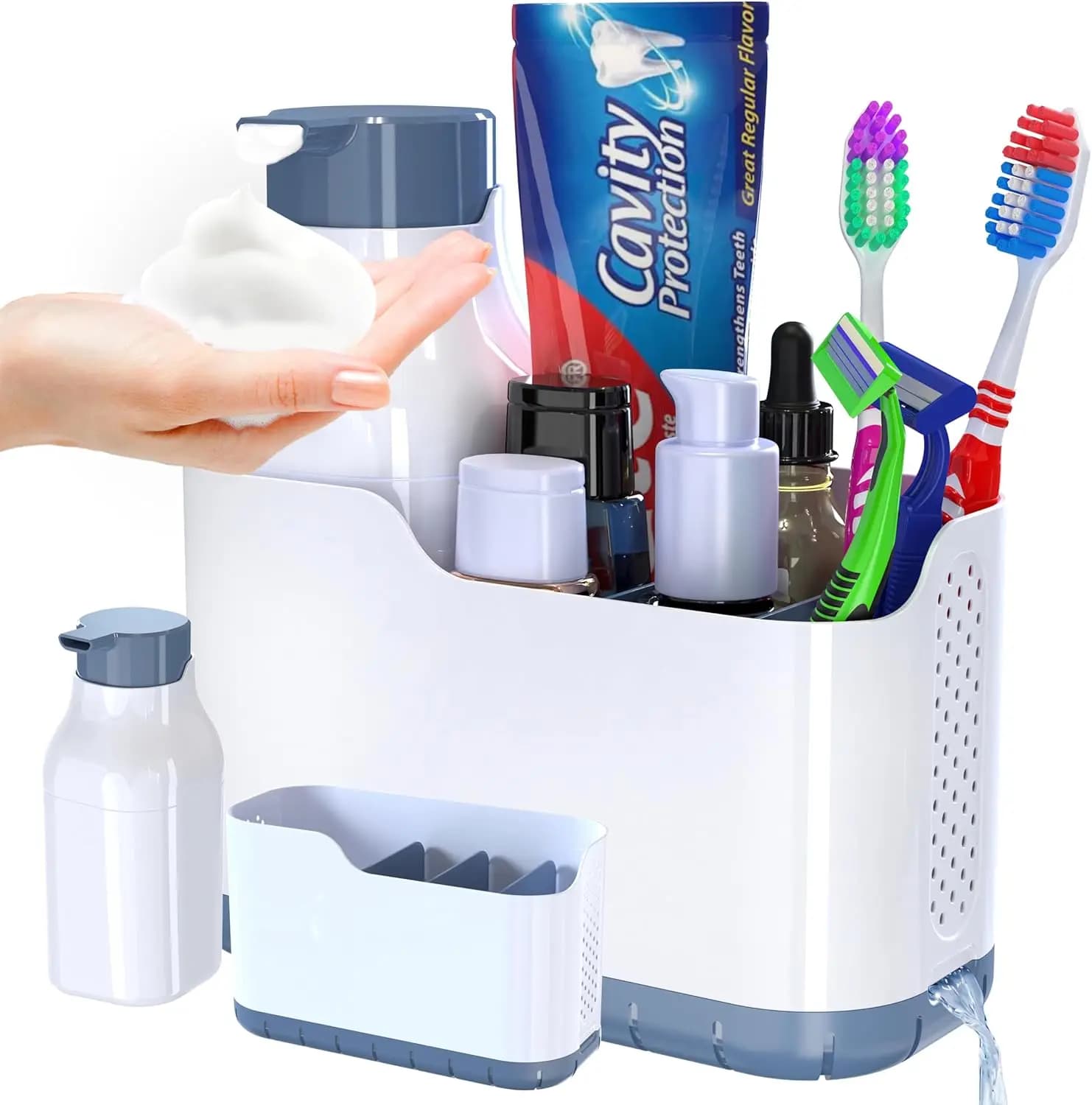 Portaspazzolini per il bagno, Dispenser di sapone con porta spazzolini e organizer per dentifricio, 2 in 1 per il bagno