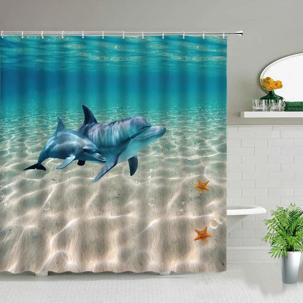 Divertenti Tende da Doccia con Delfini, Simpatici Animali Marini, Scenari di Acqua Blu e Onde Marine, Decorazione per il Bagno, Tenda in Tessuto con Ganci