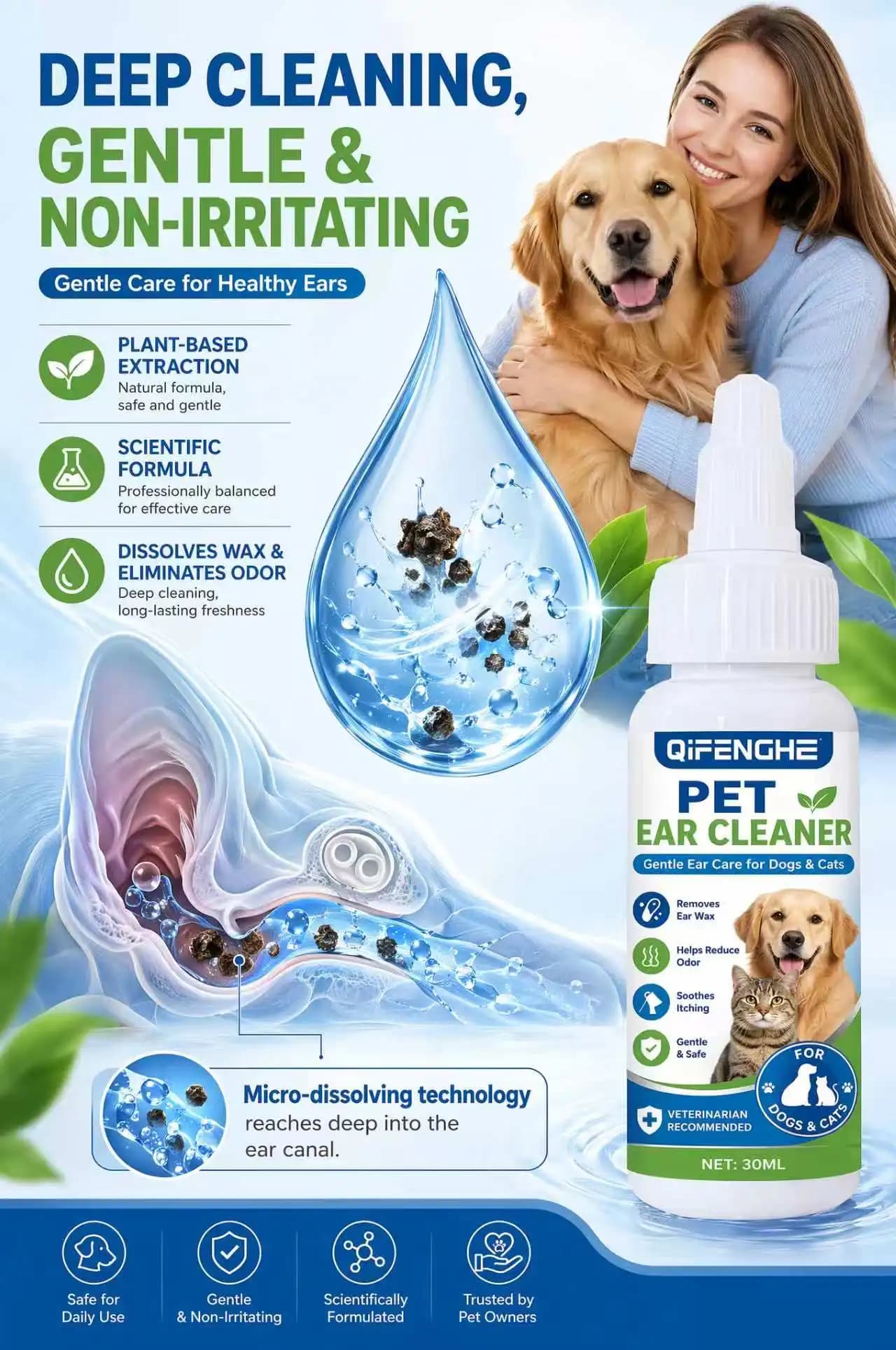 30ml Pet Ear Cleaner Drops for Dogs & Cats, Gentle Ear Wash Solution Removes Ear Wax, Reduces Odor & Soothes Itching, Safe Daily