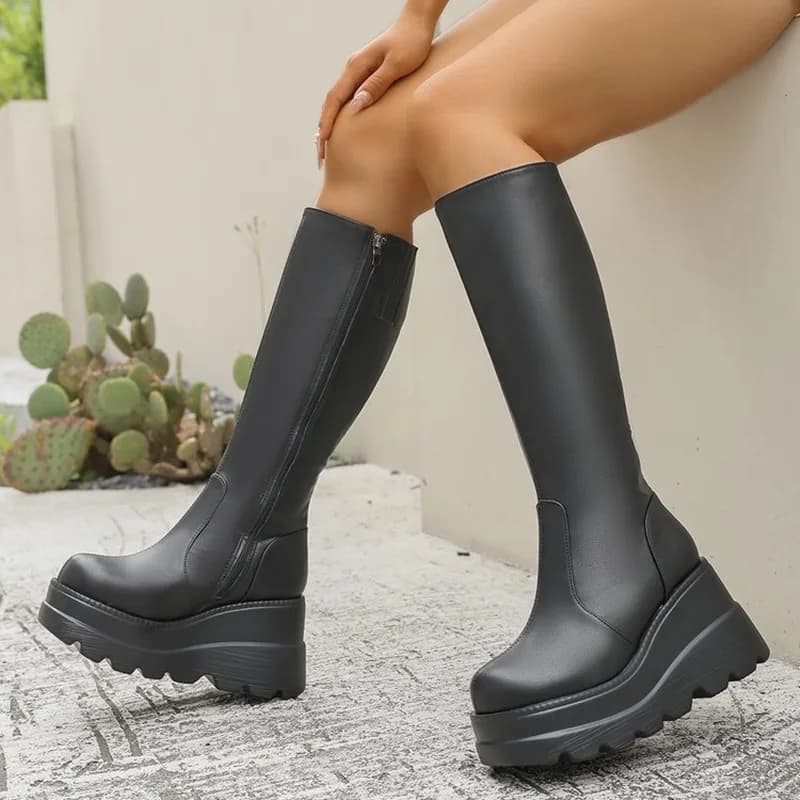 Nuovi Stivali Alti da Donna alla Moda, Stivali in Pelle con Zip per Cosplay, Stivali Alti da Donna con Tacco a Zeppa, Scarpe con Cinturino da Donna, Scarpe Gotiche