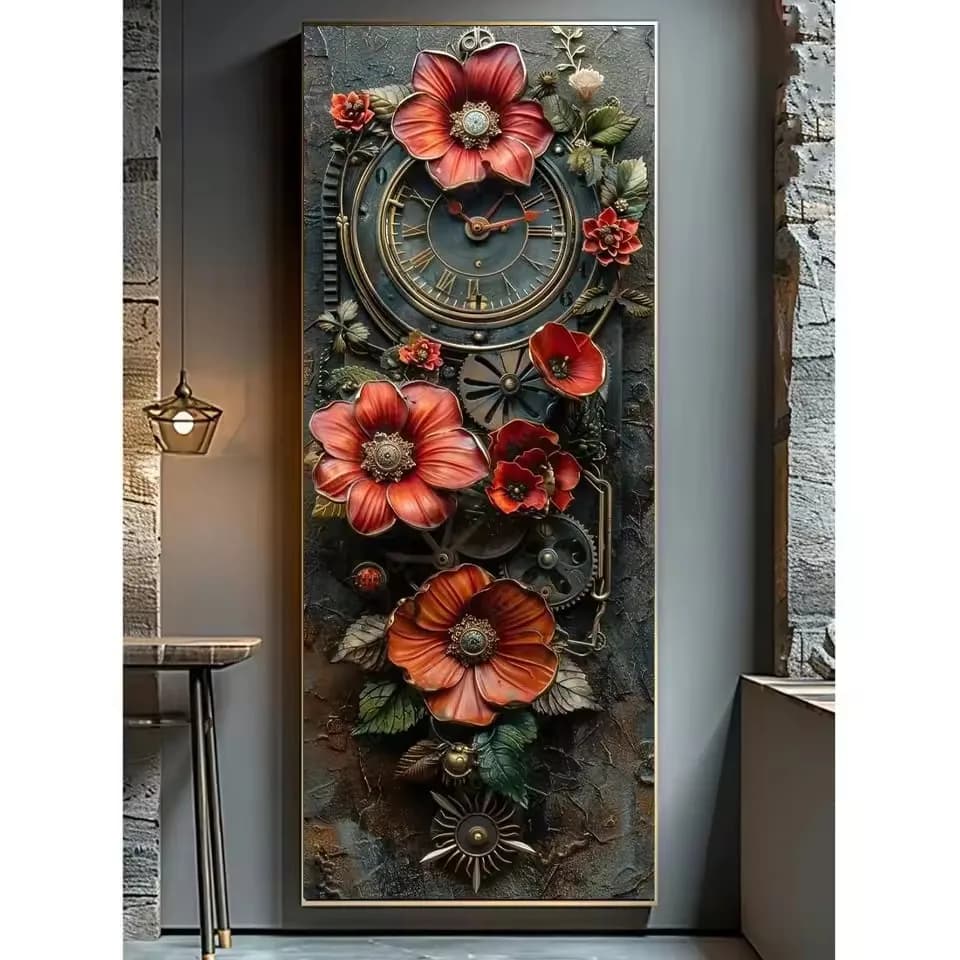 DIY Diamond Painting Large Size Flowers With Clock Mosaic Art 5D Square Round Rhinestone Cross-Stitch Kit Wall Decoration