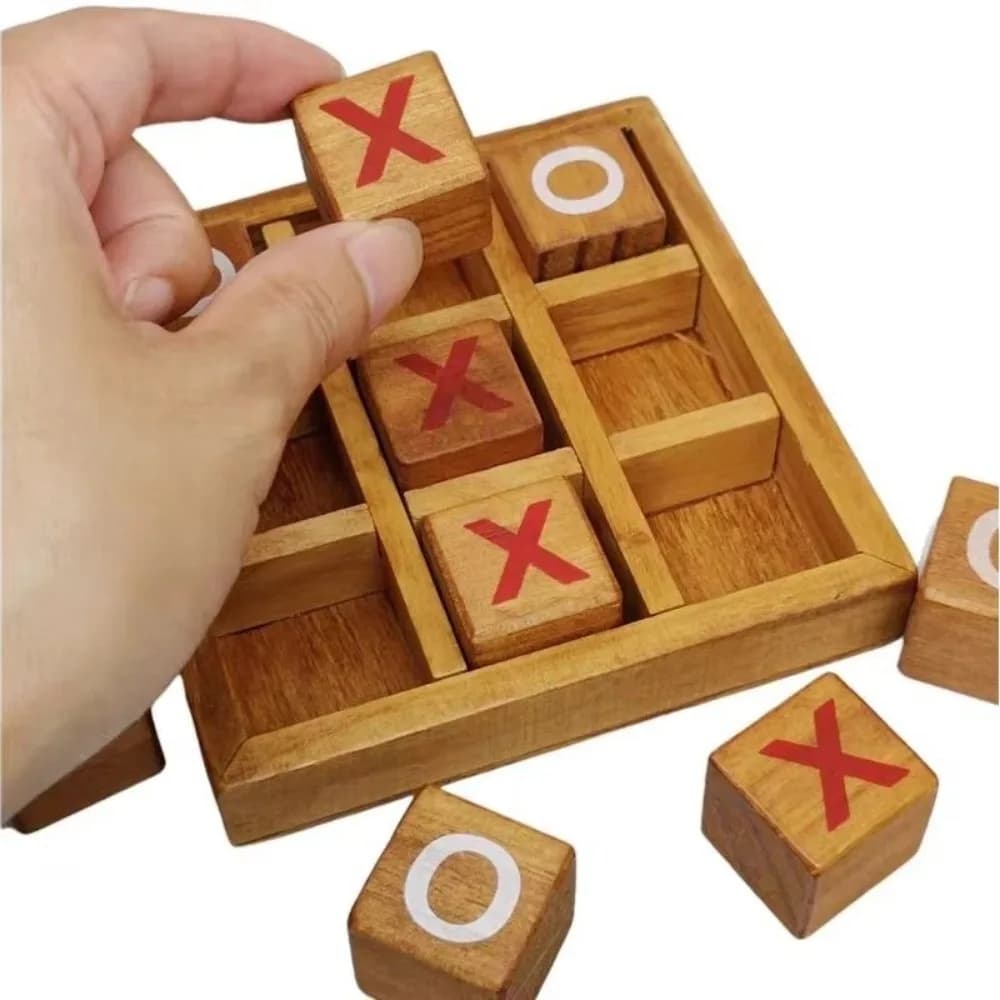Portable Tic Tac Toe Game Wooden Handcrafted Finish Traditional XO Chess Set Training Interactive Design