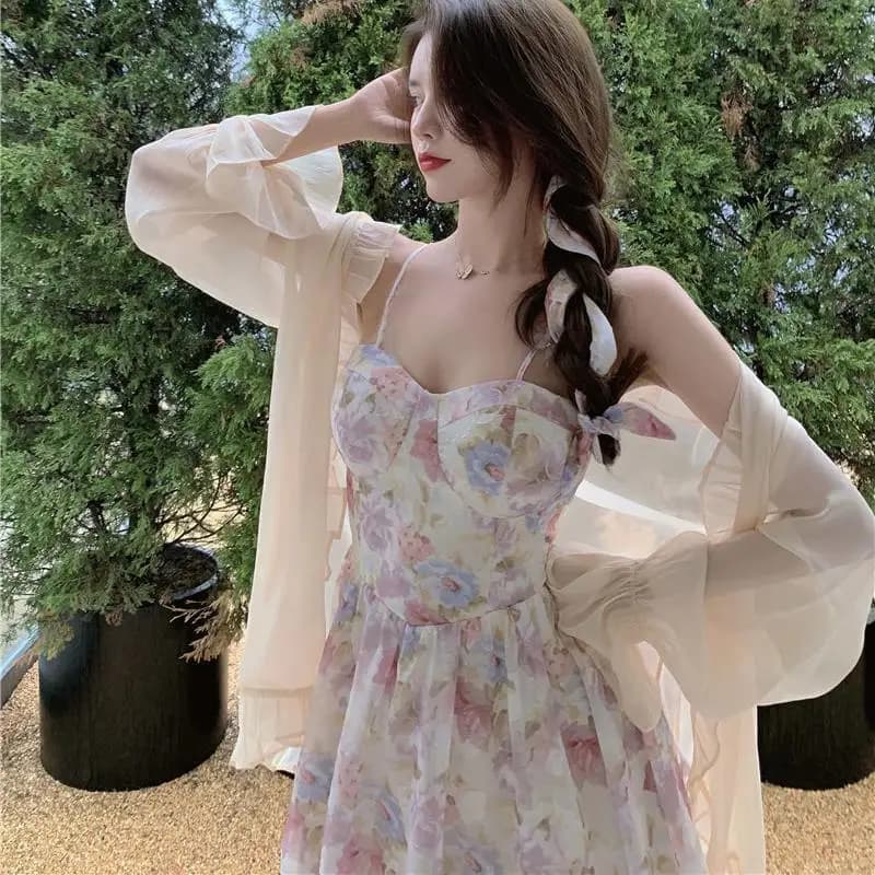 Completo Estivo da Donna 2024 con Stampa Floreale, Set Due Pezzi Senza Maniche con Cintura in Vita, Cardigan Protettivo dal Sole, Elegante Ensemble