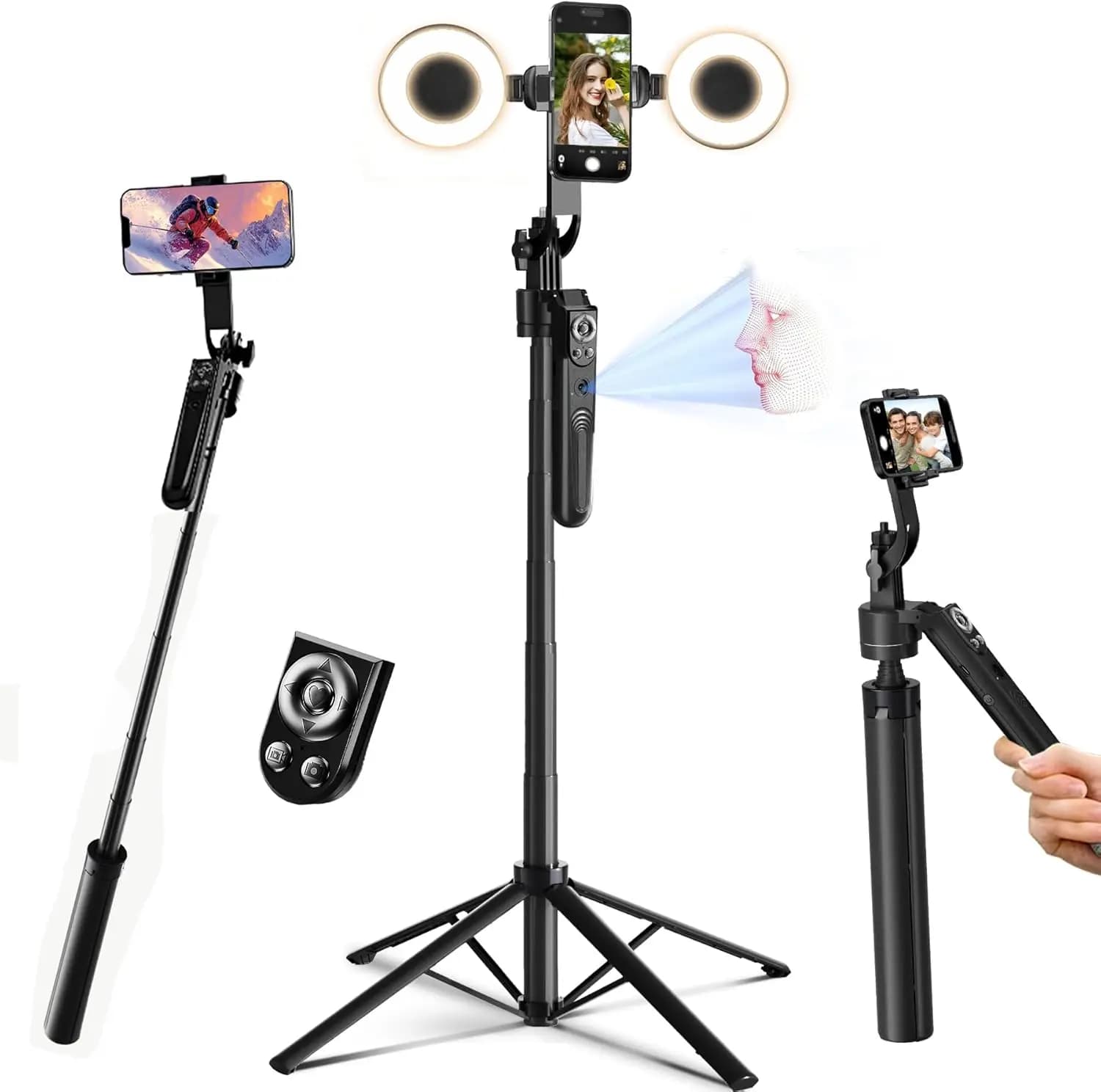 Treppiede con Tracciamento Automatico del Viso per iPhone con Luce, Asta Selfie da 180 cm che Segue i Movimenti a 360° ° Per la registrazione di vlog e live streaming