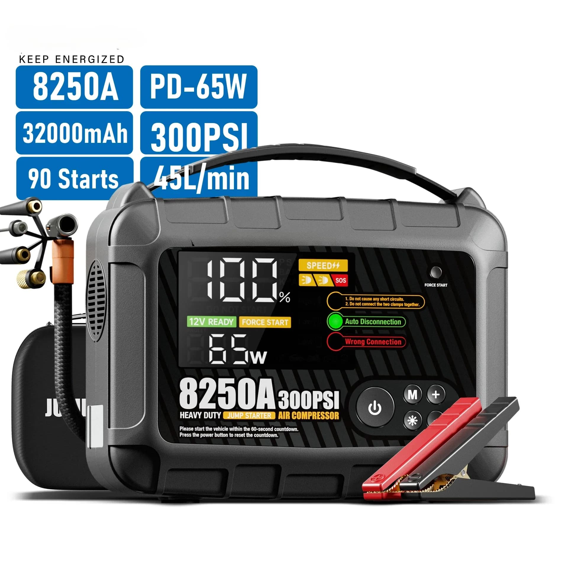 Avviatore di emergenza all'ingrosso della fabbrica 8250A Avviatore di emergenza da 12 volt 32000 mAh con compressore d'aria 300 PSI Inflato per pneumatici