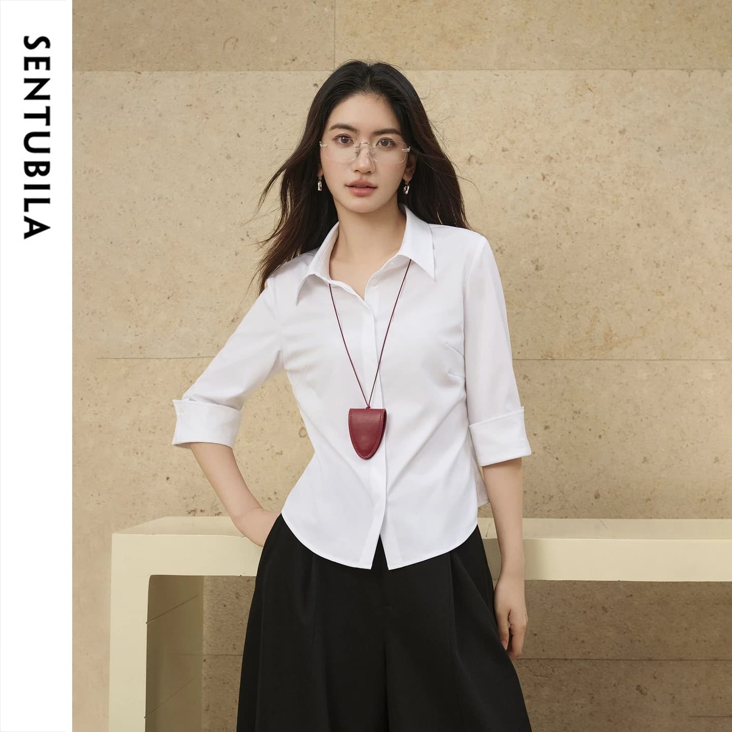 SENTUBILA Women White Shirt 2026 Autumn Slim Fit Three Quarter Sleeve Workplace Office Ladies Button Up Blouse Top Q63CA7817