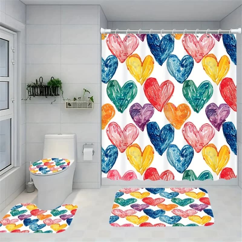 Set da bagno con stampa a cuore colorato: include 12 ganci gratuiti, tenda da doccia impermeabile, tappetino da bagno antiscivolo, copriwater, bagno