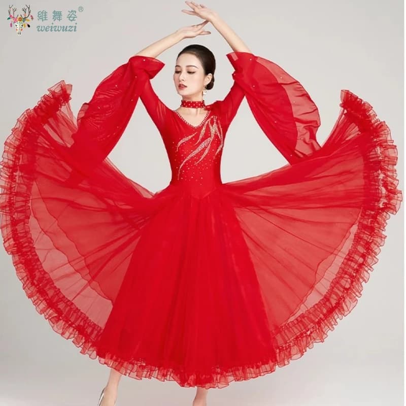 Costume da ballo moderno da donna di fascia alta con maniche a foglia di loto, pendolo, valzer, tango, foxtrot, performance, sala da ballo, vestito da competizione