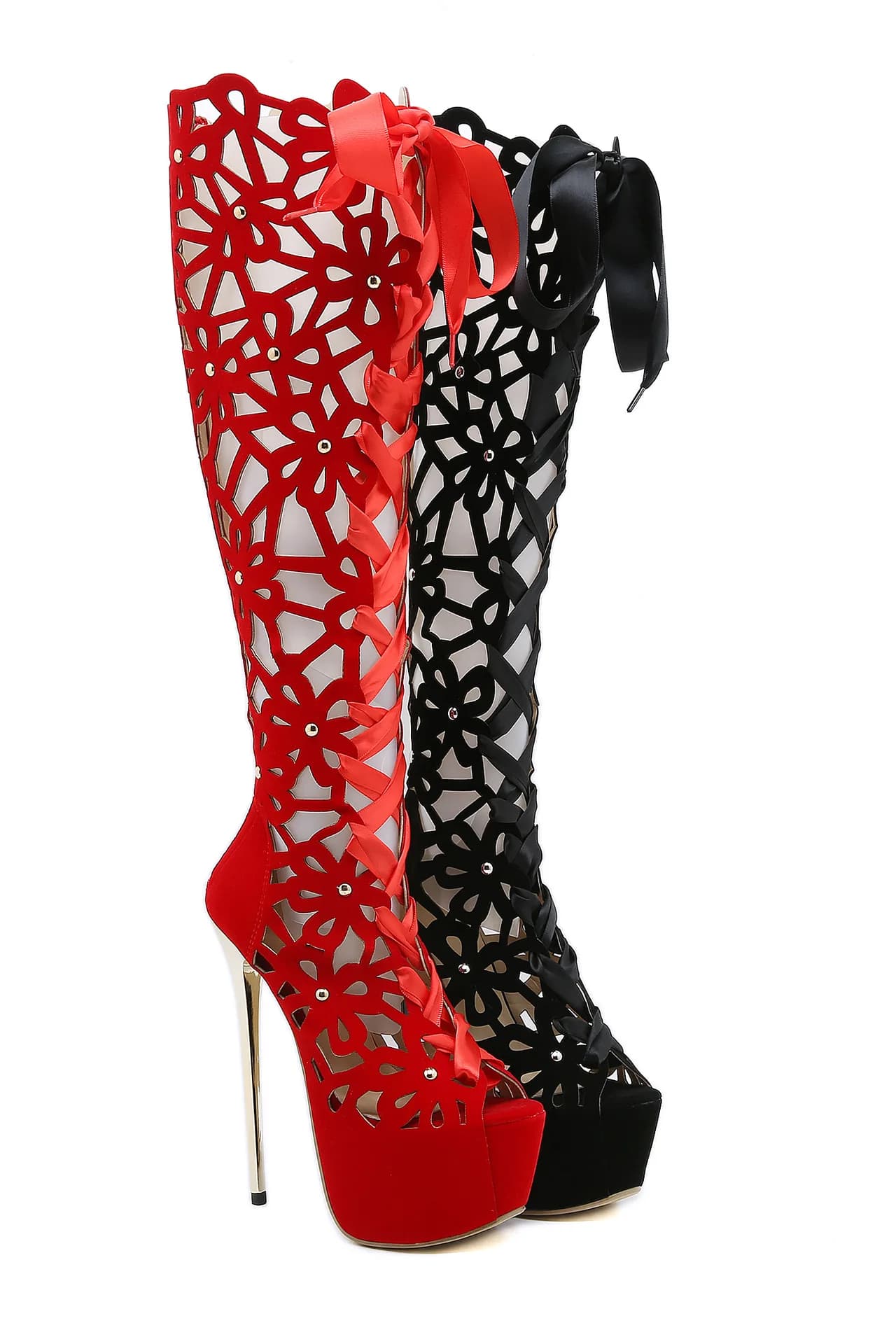Stivali Sopra il Ginocchio Ultra Sottili da 16CM con Tacco Alto, Sexy, da Discoteca, Scavati, con Punta Aperta, Allacciati, con Cerniera, Scarpe con Plateau, Sandali Donna 2026