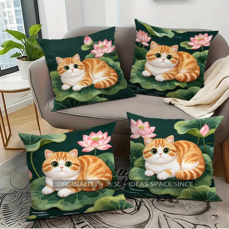Fodere per cuscini quadrate con motivo gatto zenzero e loto, adatte per divano, camera da letto, auto