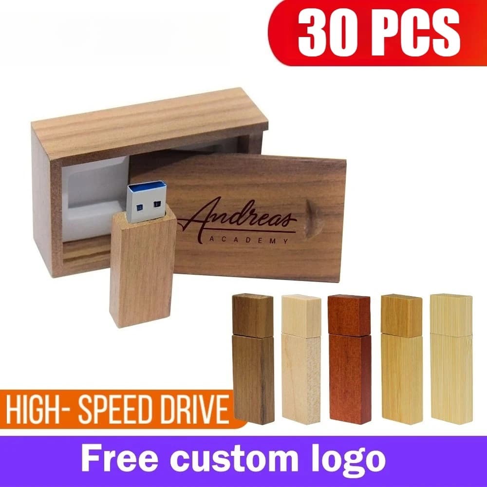 30 Pezzi/Lotto Chiavetta USB 2.0 in Legno Personalizzabile con LOGO Gratuito, 128GB 64GB 32GB con Scatola, 16GB 8GB 4GB, Regalo per Fotografia e Matrimonio