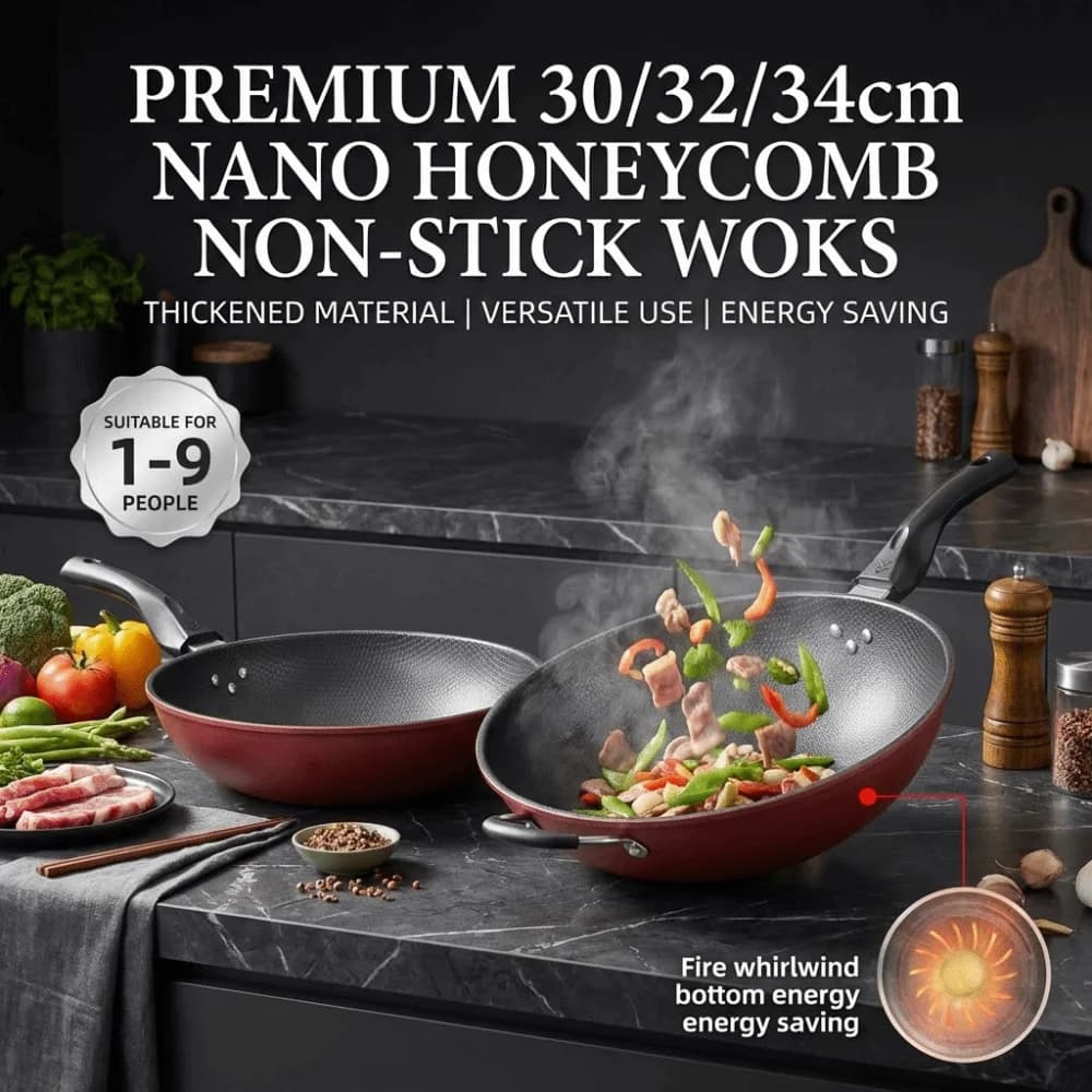 30/32/34cm Cast Iron Wok Pan Honeycomb Multi-functional Stir Fry Wok Cooking Tools Easy to Clean Non Stick Frying Pan
