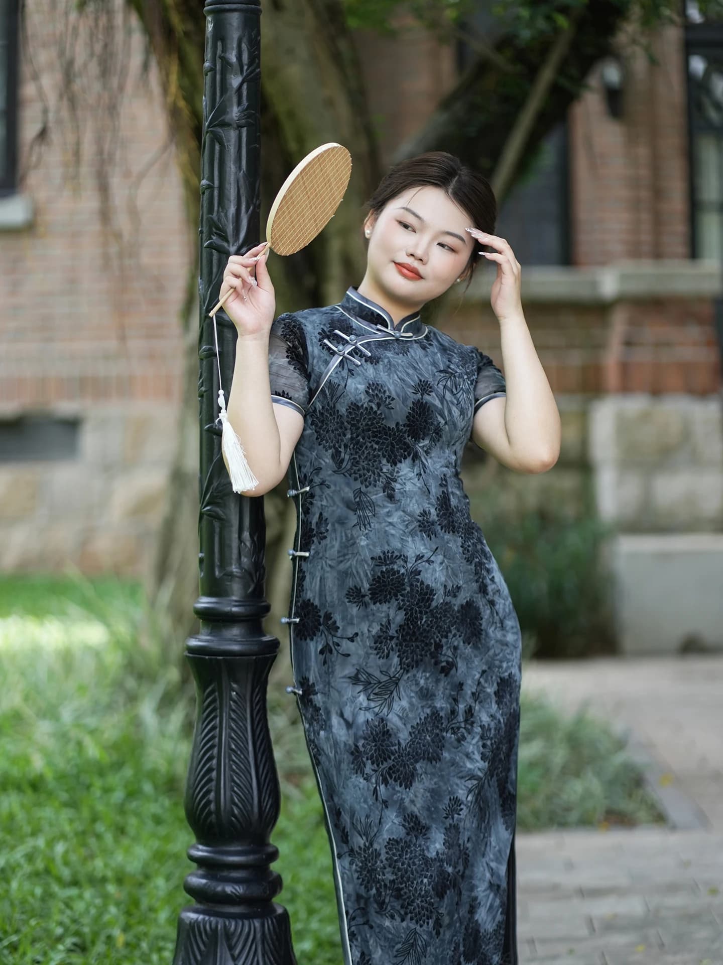 Gonna lunga blu Jiangnan Fuzzy New Chinese Sle, elegante e snellente, con spacco basso, per tutti i giorni, taglie forti