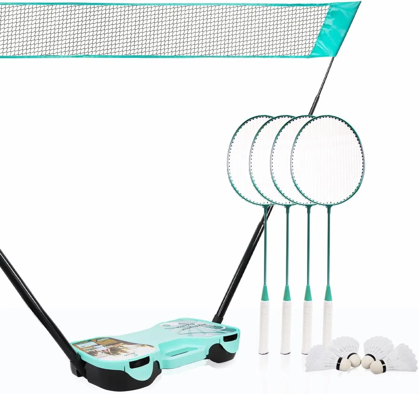 Portable badminton set with network, 4 rackets, birdies and box for outdoor games