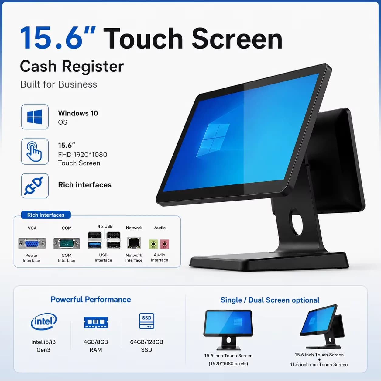 Windows Touch Screen POS Case Recorder from 15.6 Inch with I5 Gen4 8G 128G, Foldable Support, Rich Interfaces, Monitor with Digital LED Display