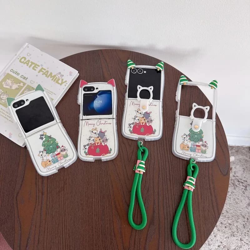 Orecchio di gatto Albero di Natale Cartoon per Samsung Galaxy Z Flip 7 6 5 4 Cover posteriore protettiva per ZFlip5 ZFlip6 ZFlip7 Custodia Shell
