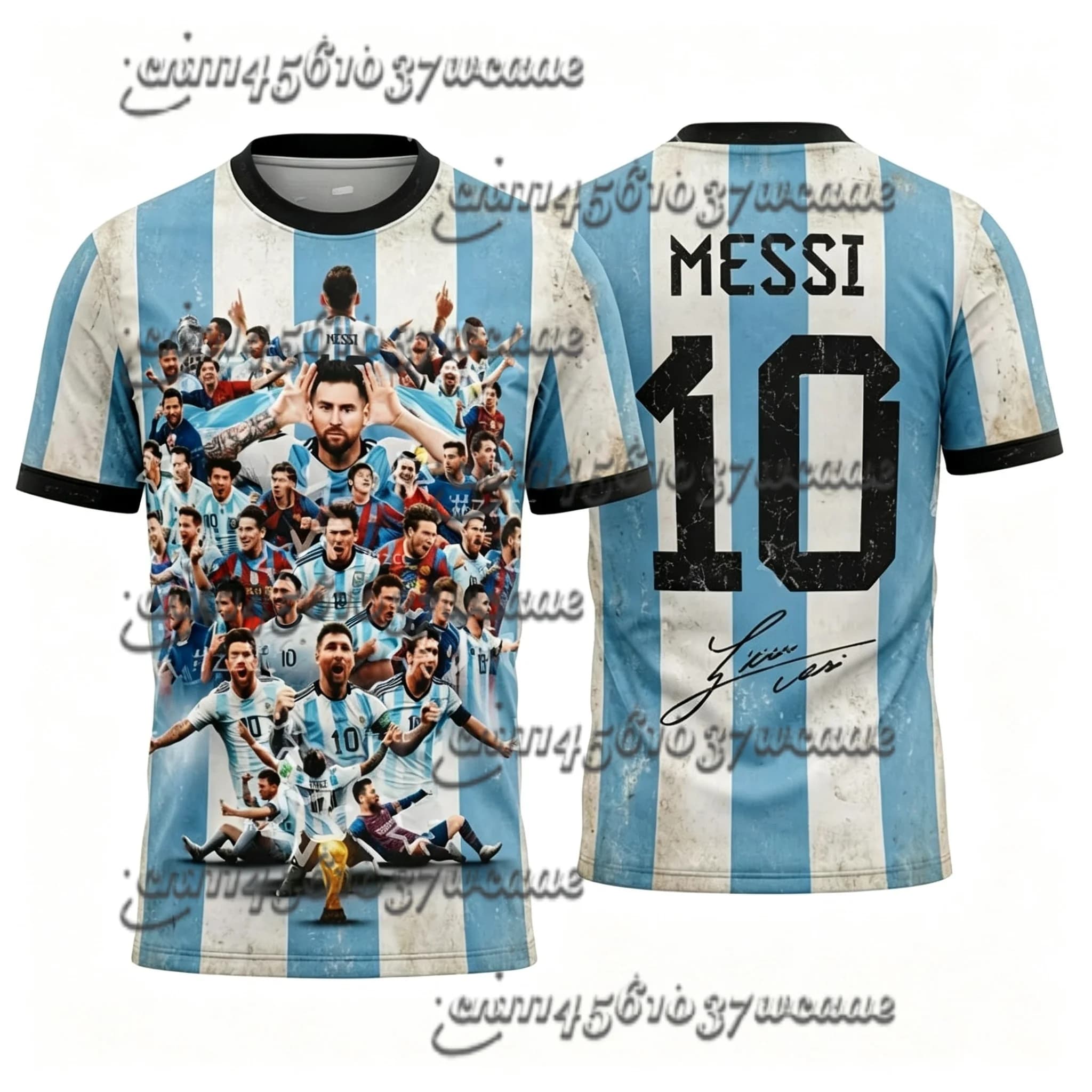 New Exclusive Design Messi 10 Trophy Kiss Portrait Collage Print Argentina Retro Jersey Summer T Shirt for Fans Family Matching