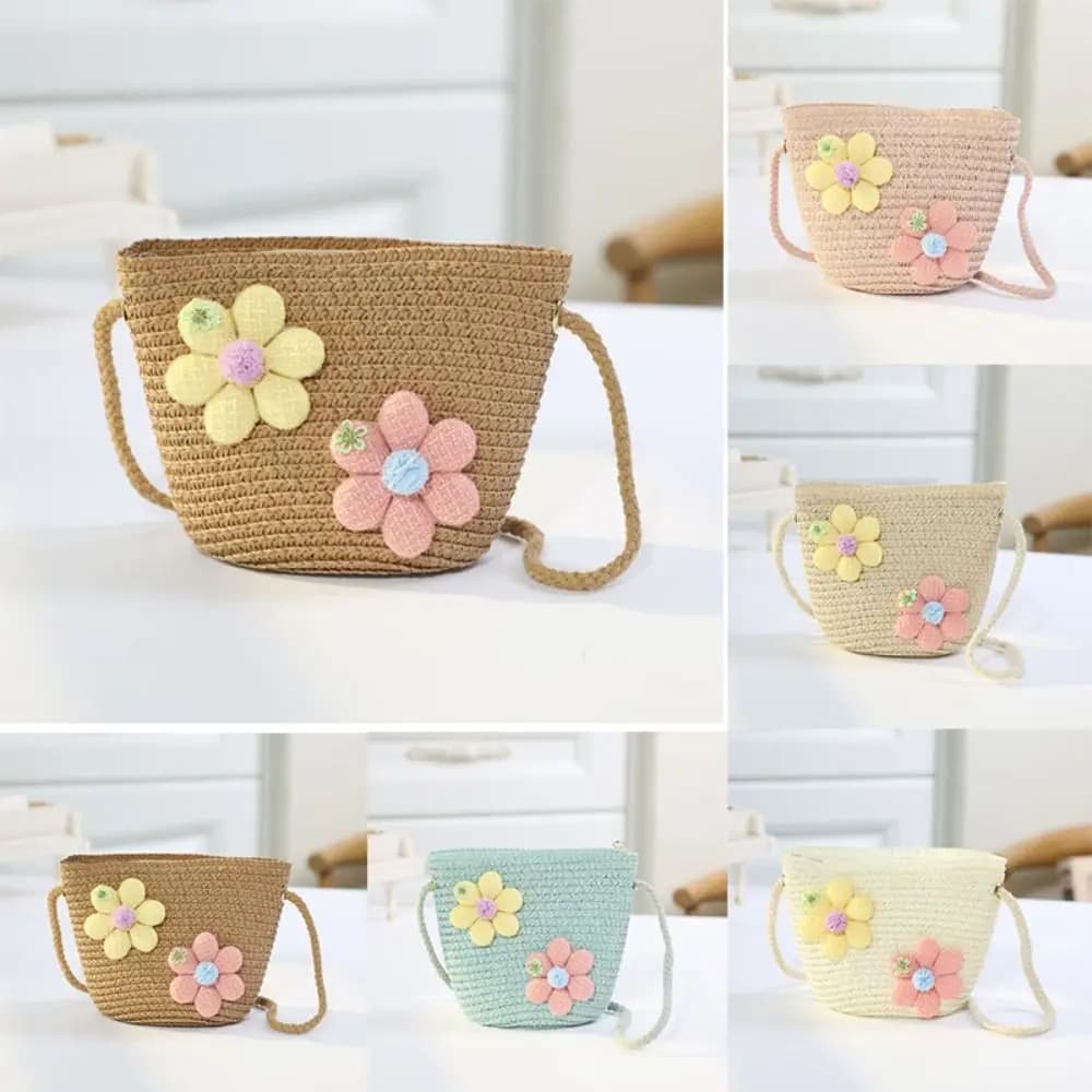 Handmade Woven Girl Flower Straw Bag Zipper Coin Purse Kid Messenger Bags Photo Props Storage Basket Crossbody Handbag
