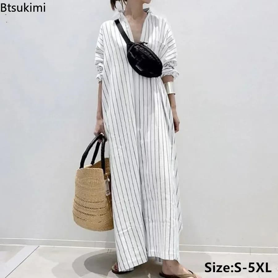 Abito Lungo da Donna a Righe con Collo a Polo, Semplice e Morbido, Stile Vintage Elegante, Vestito Casual da Donna 2026