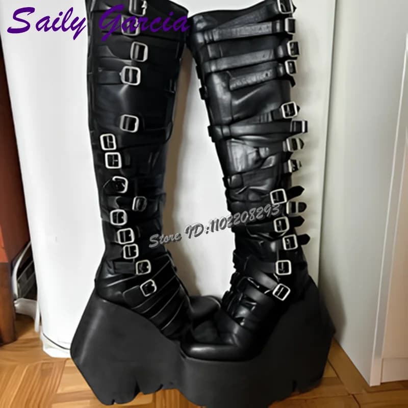 Motorcycle Boots with Platform Buckle for Punk Belt Square Toe Dark Thick Sole Knee Boots for Hot Girl 2025 Y2K New Modern Women Shoes