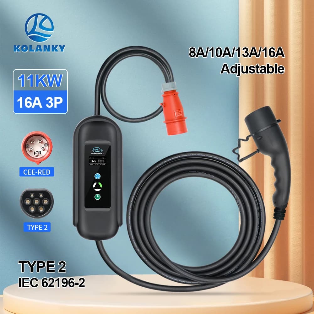 Portable 11KW 16A EV Type2 IEC62196-2 EVSE PHEV Electric Vehicle Charger Car Charger EEC Cable 5M