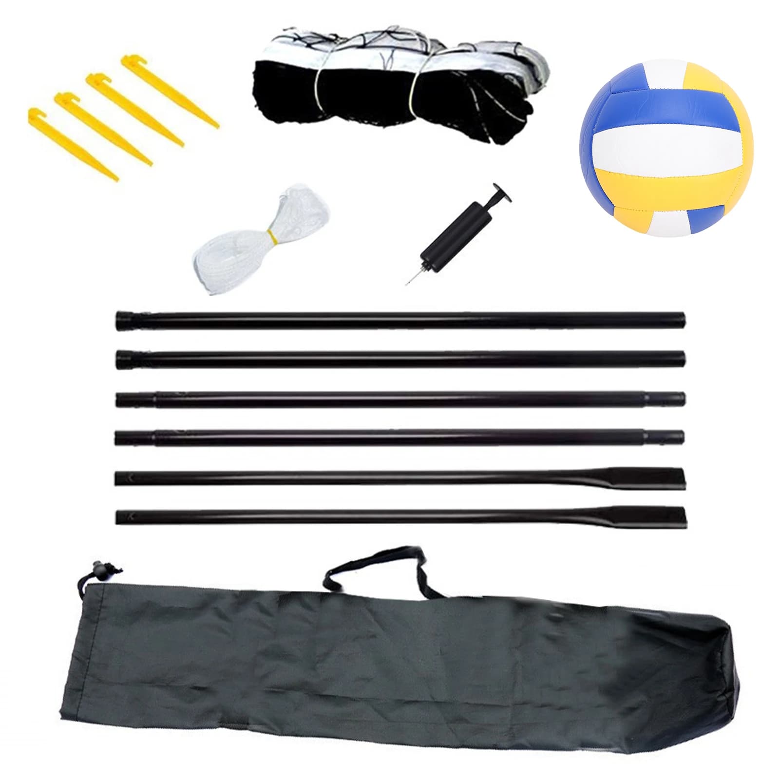 Portable beach volleyball net with support and outdoor beach volleyball in the courtyard and set of nets