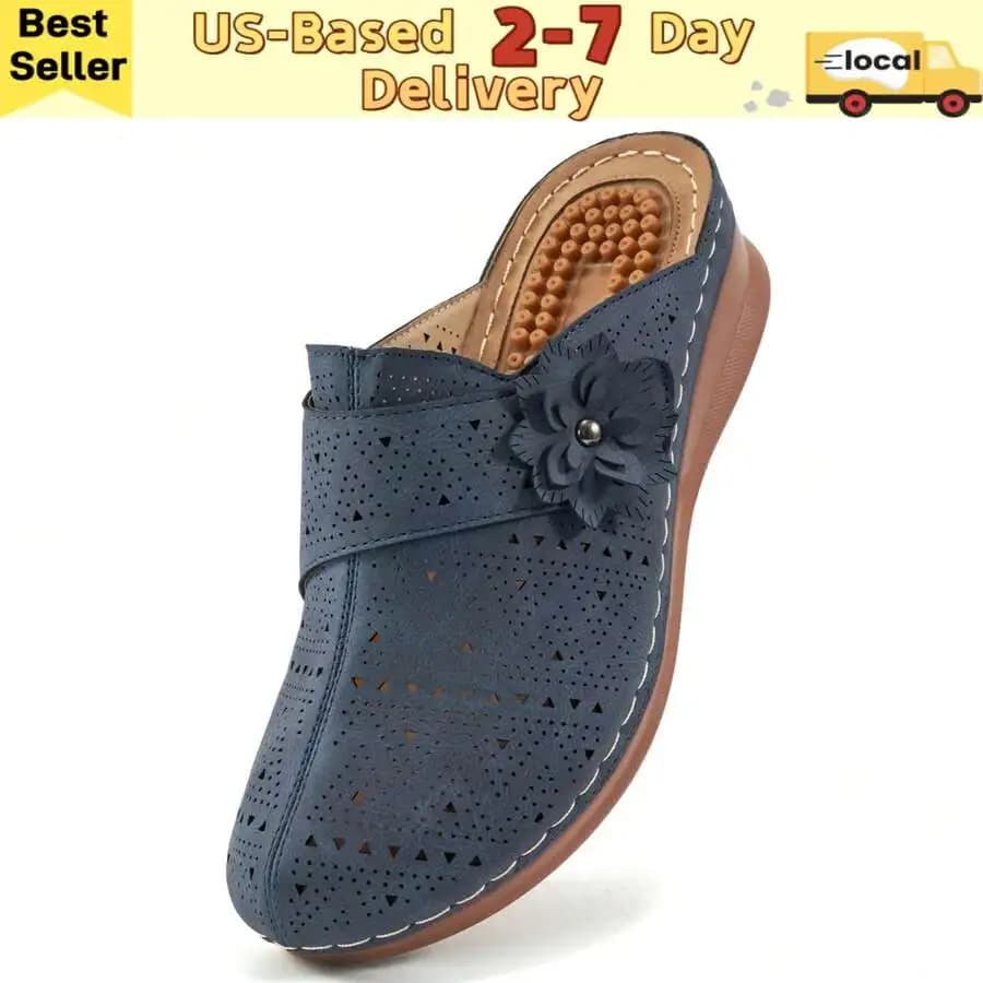 Womens Blue Perforated Slip-On Clogs With Arch Support And Flower Decor