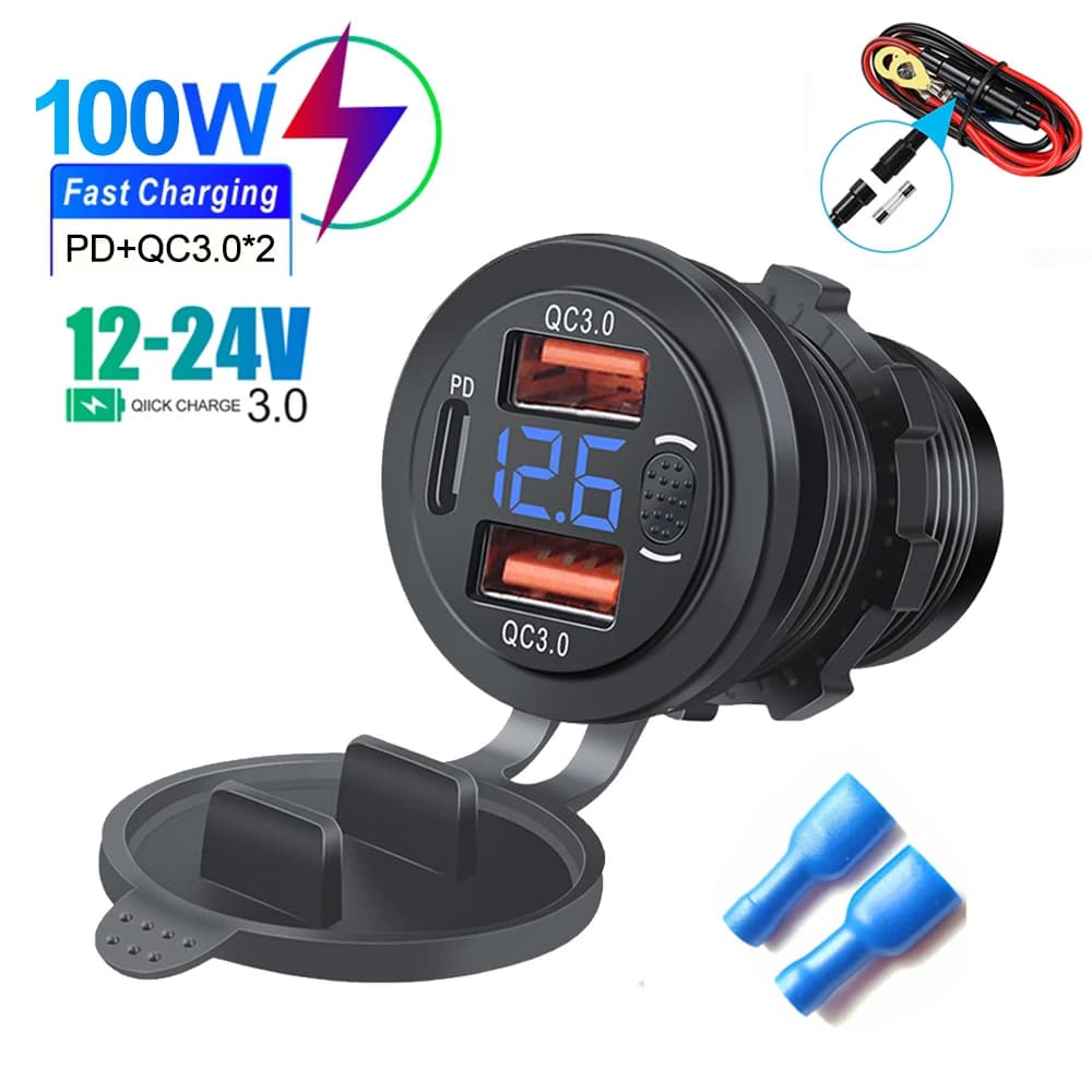 Presa per caricabatterie USB a tre porte 12/24V USB-C PD e Dual QC 3.0 per moto da auto con voltmetro e interruttore di alimentazione caricabatteria da auto