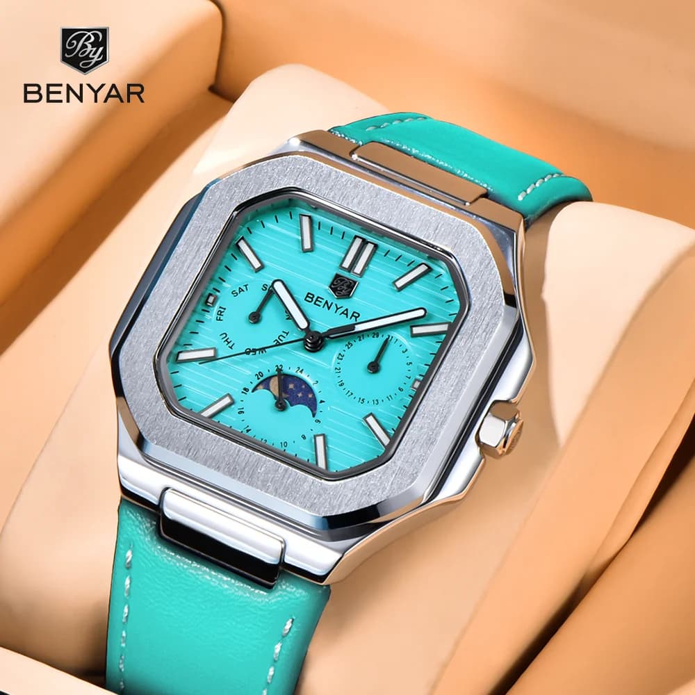 2025 Nuovo BENYAR V2 Orologio da uomo quadrato Orologio da uomo al quarzo da lavoro in acciaio inossidabile di marca di lusso Orologio da uomo con luce notturna con fasi lunari