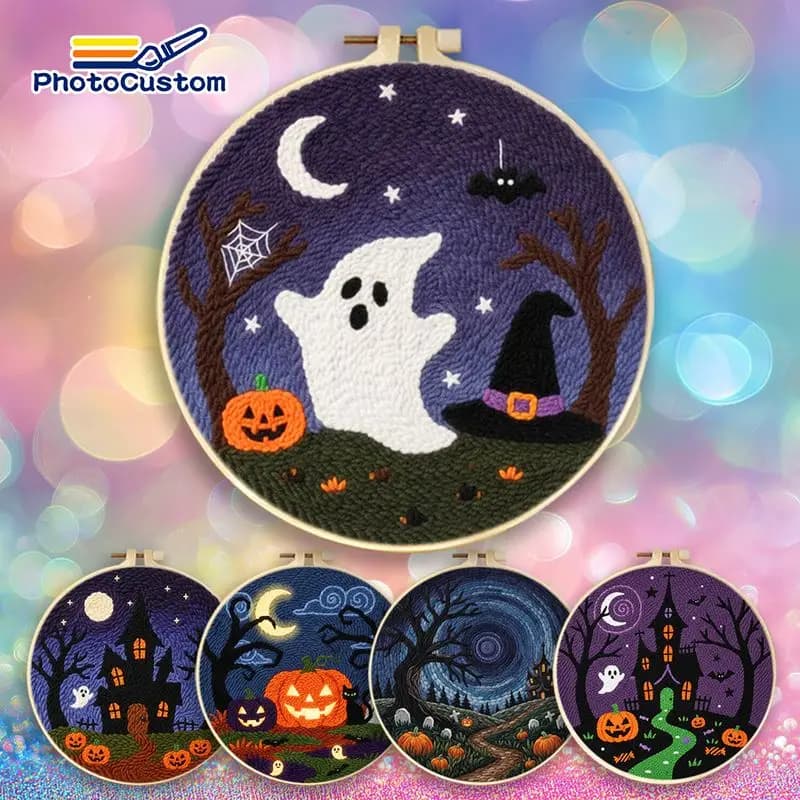 PhotoCustom Ghost Punch Needle Frame Home Decor Artwork Halloween Punch Needle Frame Threader, Yarns, Rug Punch Diy Idea