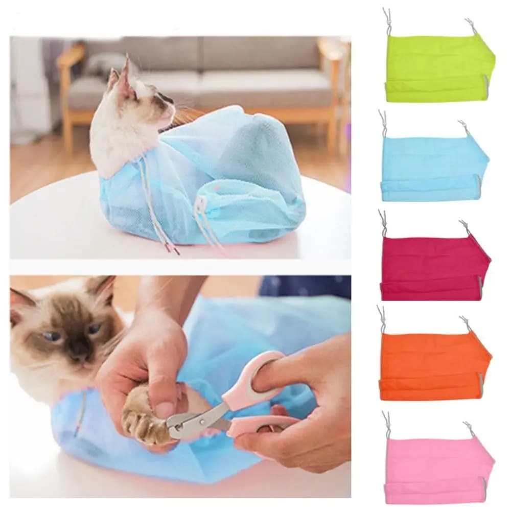 Adjustable Mesh Cat Grooming Bag Anti Bite Nail Trimming Pet Washing Bag Polyester Breathable Cat Shower Basket