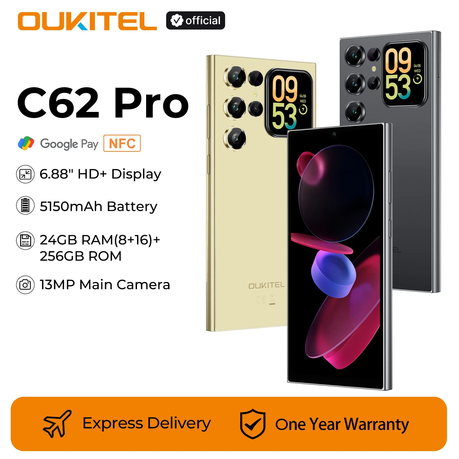 OUKITEL C62 Pro Smartphone Android 15, 6,88" HD+ Display Unisoc T615 Cellulare, 24 GB (8+16) + 256 GB, 5150 mAh Batteria NFC Mobile