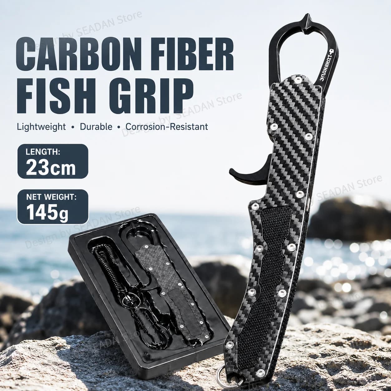 Pinza per Pesci in Fibra di Carbonio 230mm 145g, Ultra-Leggera, con Anello Anti-Perdita a Una Mano, Antiscivolo, Alta Resistenza per Acqua Dolce e Salata